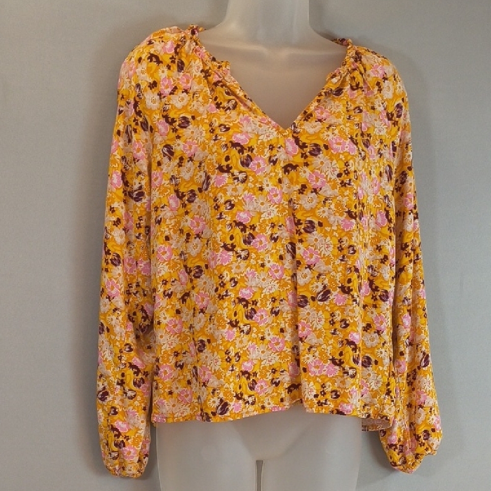 Gap Womans Long Sleeve Floral V-Neck Blouse Yellow/Pink Size XS